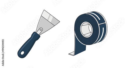 Scraper Tool and Tape Roll Isolated on White Background