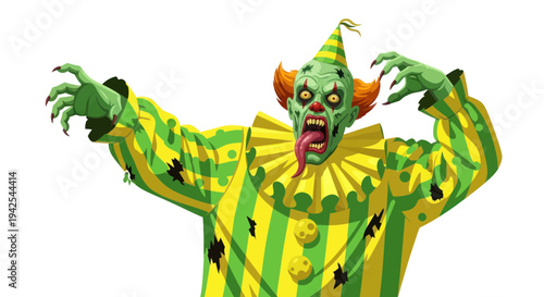 Scary Zombie Clown with Green Skin and Torn Costume, Halloween Horror