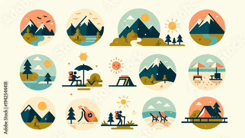 Outdoor Adventure and Nature Landscape Icon Set – Camping, Hiking, Mountains and Beach Travel Illustration