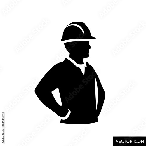 Silhouette of construction worker wearing hard hat, isolated on white background.