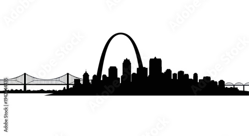 St. Louis skyline silhouette with Gateway Arch and bridges, white background