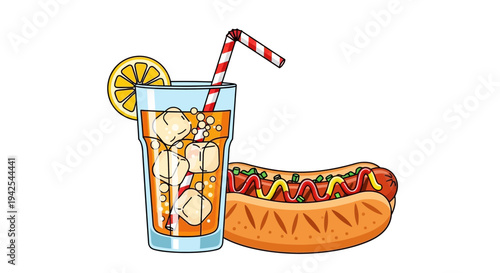 Refreshing summer drink with hot dog on the side