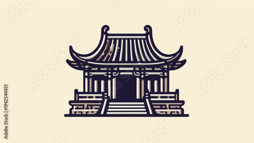 Traditional Asian Temple Illustration – Oriental Pavilion Architecture Line Art