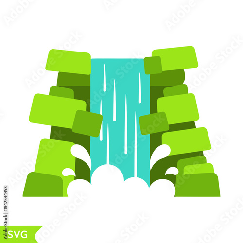 Stylized Waterfall Illustration with Green Rocks and White Water