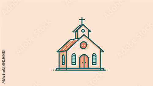 Cute Church Building Illustration with Cross – Christian Religion and Worship Icon