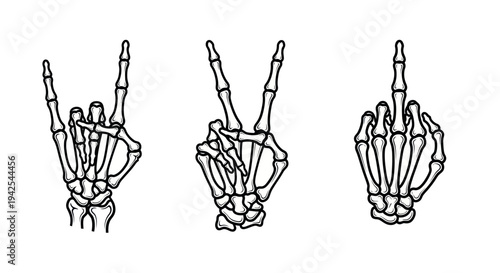 Skeleton Hand Gestures: Rock On, Peace, and Middle Finger