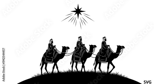 Three Wise Men Silhouette on Camels Following Star of Bethlehem