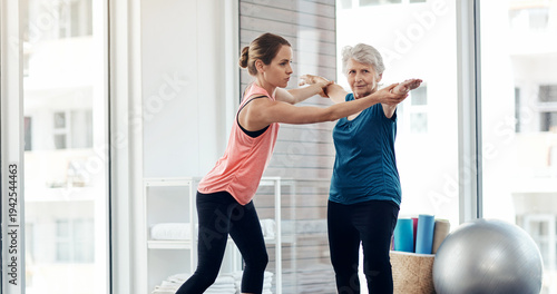 Εκτύπωση καμβά Coach, helping and stretching with old woman for yoga guidance, fitness support and healing