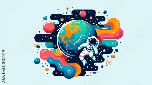 Vibrant flat illustration of an astronaut floating in colorful outer space with Earth and planets in a modern abstract style.