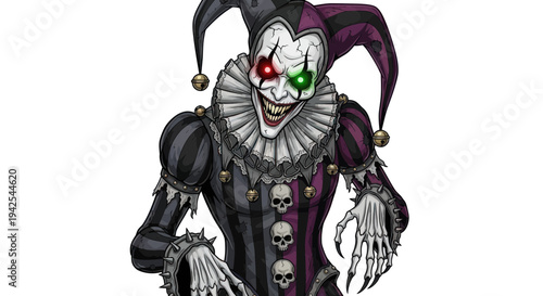 Creepy Jester with Glowing Eyes and Skull Decorations