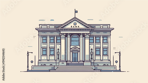 Classical bank building illustration with a grand facade and columns, symbolizing financial institutions and banking services.
