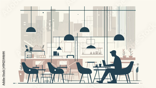 Freelance professional working on a laptop in a modern minimalist cafe interior with a city skyline background.