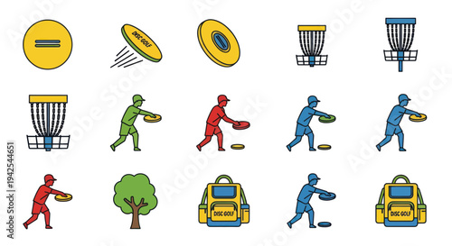 Disc Golf Icons: Basket, Player, Disc, Bag, Tree - Vector Set