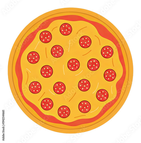Cartoon pizza with circular shape and visible pepperoni toppings on a black background