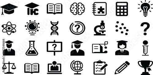 Black and White Icons Representing Education and Science Concepts graduation cap book