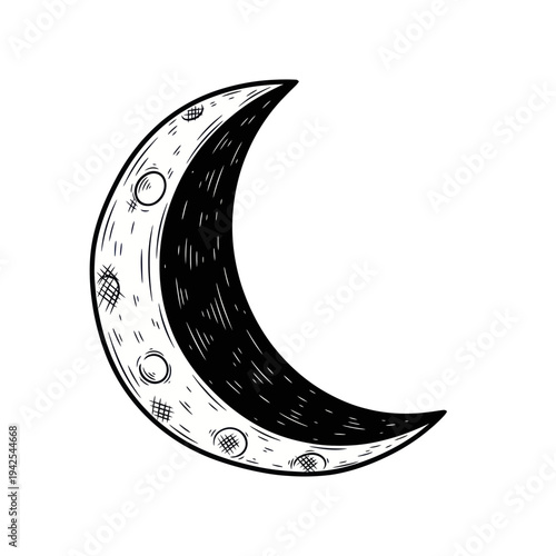 Hand Drawn Crescent Moon with Craters, Astrology, Celestial Body