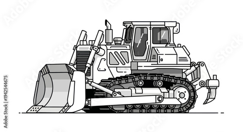 Heavy Duty Bulldozer Excavator Equipment on White Background, Vector Illustration