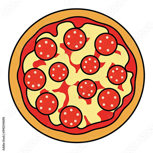 A flat illustration of a round pizza with pepperoni and other toppings on a dark background