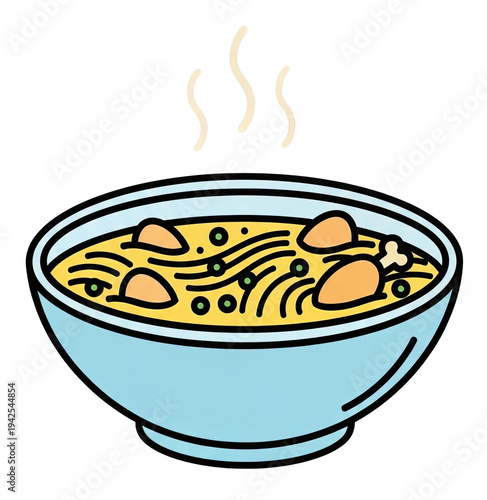 Illustration of a steaming bowl of soup with noodles and chicken pieces, black background