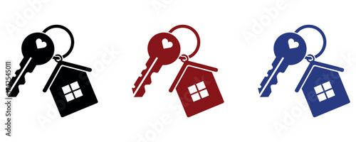 Real Estate House Key Keychain Icon Set with Heart Symbol and Home Keychain Vector Illustration.