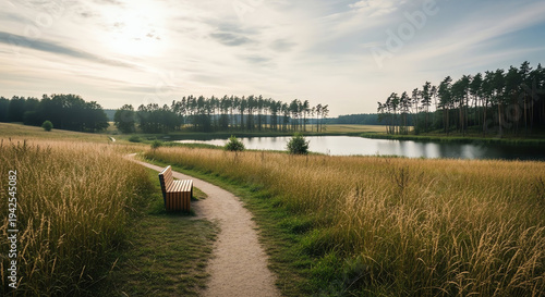 Serene lakeside scene with a walking trail and lush greenery under a partly cloudy sky.