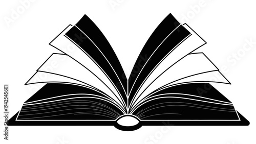Simple black and white illustration of an open book with pages turning symbolizing knowledge and education in a minimalist style perfect for educational resources.