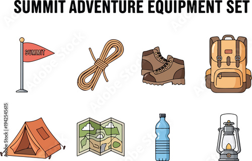 Set of vector illustrations of outdoor adventure and camping equipment for expeditions
