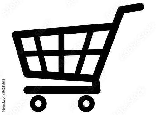 Simple black shopping cart icon with wheels and handle on white background representing online shopping and e-commerce