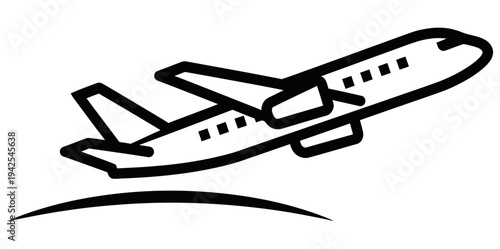 Simple outline of an airplane flying with wings tilted upwards in a minimalist design style