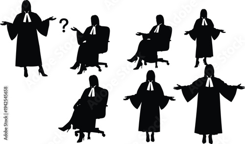 Female Judge and Barrister Silhouettes Set in Legal Robes with Question Mark Symbol for Courtroom Law Justice and Advocacy Concepts