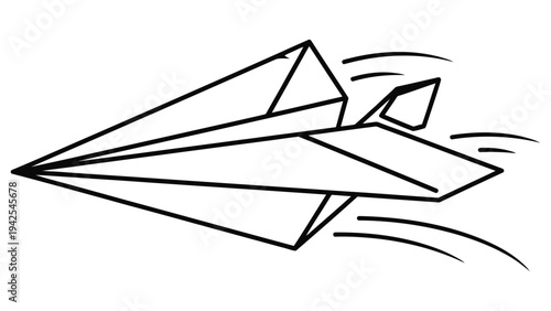 Simple black and white illustration of a paper airplane in motion with dynamic lines conveying speed and flight