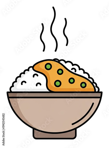 Illustration of a bowl with white rice topped with saucy dish and green peas, steam rising