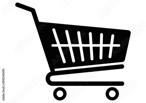 Simple black shopping cart icon with a basket and wheels on a white background representing e-commerce and online shopping experiences.
