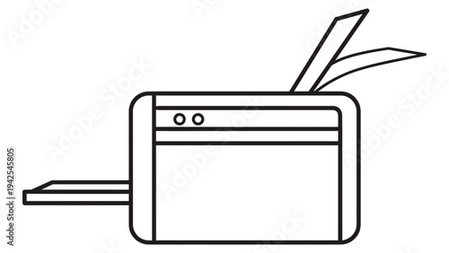 Simple line art illustration of a paper shredder with paper emerging from it, symbolizing document destruction or security.