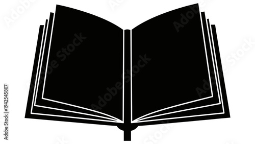 Simple black and white graphic of an open book with clean lines and minimal design elements