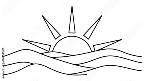 Simple black and white line drawing of a sun rising over the wavy ocean surface symbolizing a new day
