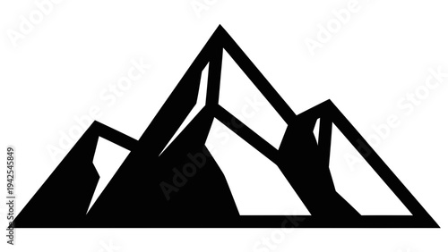 Simple black and white graphic illustration of a mountain range silhouette against a plain white background symbolizing nature and tranquility.