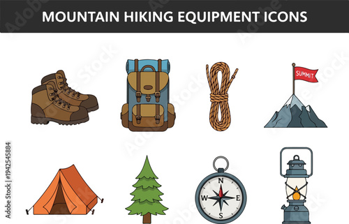 Collection of Mountain Hiking Equipment Icons for Outdoor Adventure and Camping