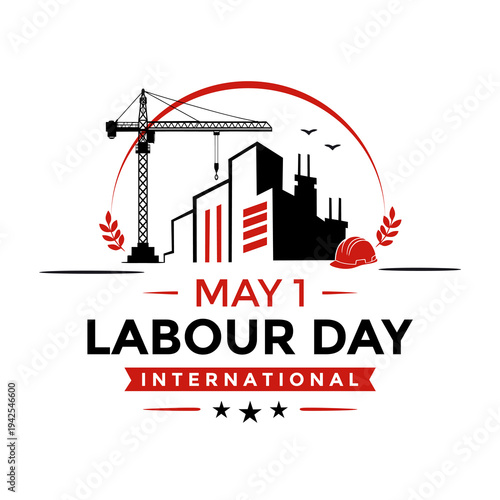 International Labor Day illustration featuring construction crane, city buildings, and worker helmet with May 1 text. Modern flat vector design celebrating workers and industrial development.