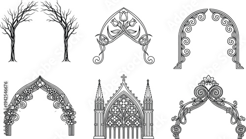 Gothic arch silhouette set with decorative floral frames, spooky tree branches, cathedral architecture, ornate swirls, and vintage wedding portal vector illustrations.