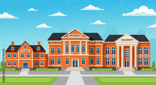 University Campus Buildings Vector Illustration in a Brightly Lit Daytime Scene