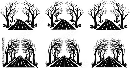 Set of black and white silhouette illustrations featuring winding roads through bare winter trees and forest paths for nature-themed designs.