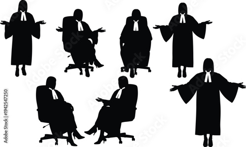 Professional female judge silhouette collection set, lady lawyer sitting on office chair, legal justice advocate silhouettes, court trial attorney vector graphics.