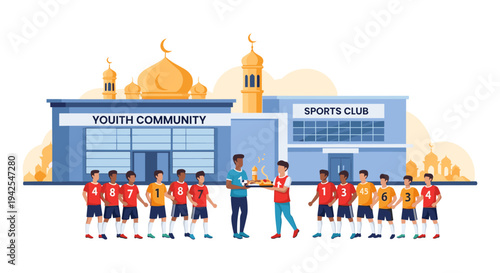 youth community sports club, people standing outside building, mosque architecture, soccer team, healthy lifestyle