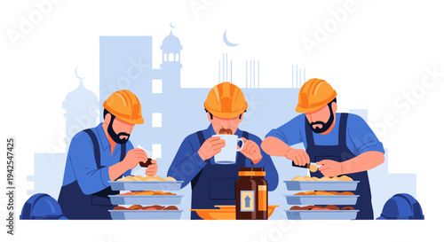 Three workers in hard hats eating lunch at construction site with cityscape background