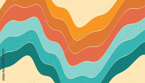 Abstract summer wave background with layered flowing shapes in orange, turquoise and warm tropical colors, modern flat design ideal for seasonal banners, wallpapers and creative projects