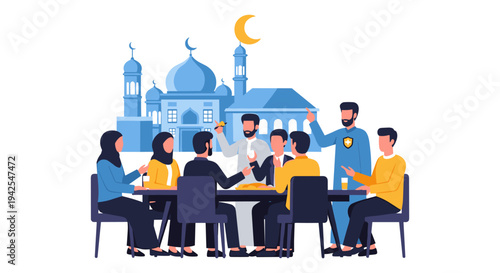 Diverse group of people sitting around a table with mosque background, breaking fast during Ramadan, iftar celebration