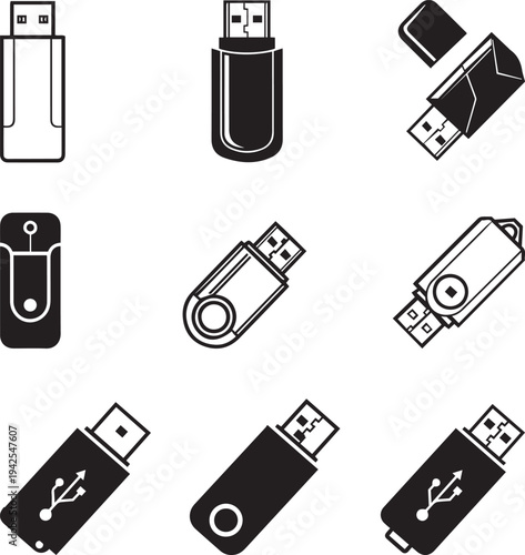 Black vector icon set of USB flash drive and memory symbols for mobile phone and computer technology web design.