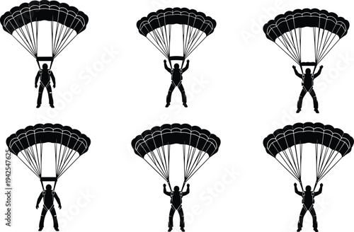 Set of Parachutist Silhouettes Skydiving in Air with Open Parachutes for Extreme Sports Adventure and Outdoor Activity Vector Illustration Isolated