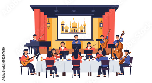 Orchestra band performing on colorful stage with musicians playing various instruments